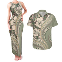 Hawaiian Hibiscus Tribal Vintage Motif Couples Matching Tank Maxi Dress and Hawaiian Shirt Ver 6 LT9 Green Pastel - Polynesian Pride