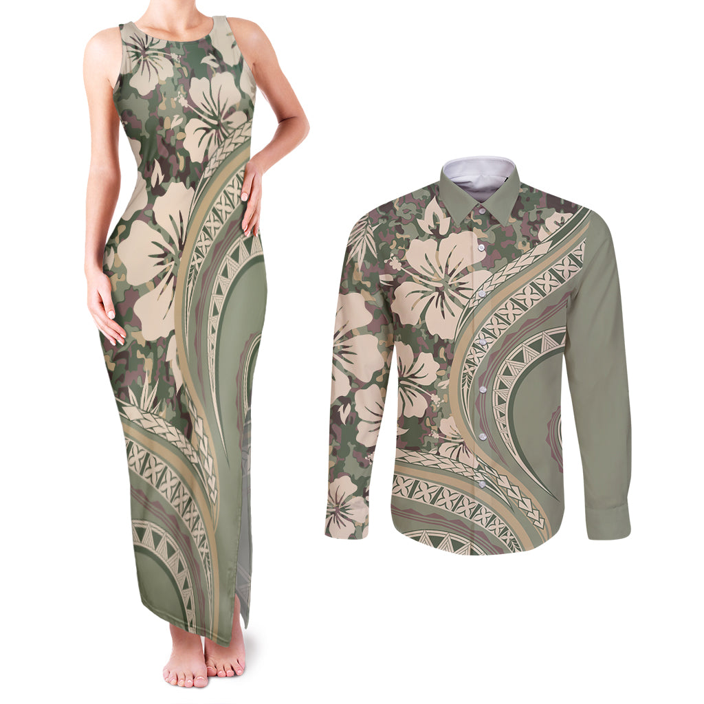 Hawaiian Hibiscus Tribal Vintage Motif Couples Matching Tank Maxi Dress and Long Sleeve Button Shirt Ver 6 LT9 Green Pastel - Polynesian Pride