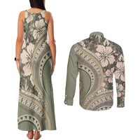 Hawaiian Hibiscus Tribal Vintage Motif Couples Matching Tank Maxi Dress and Long Sleeve Button Shirt Ver 6 LT9 - Polynesian Pride