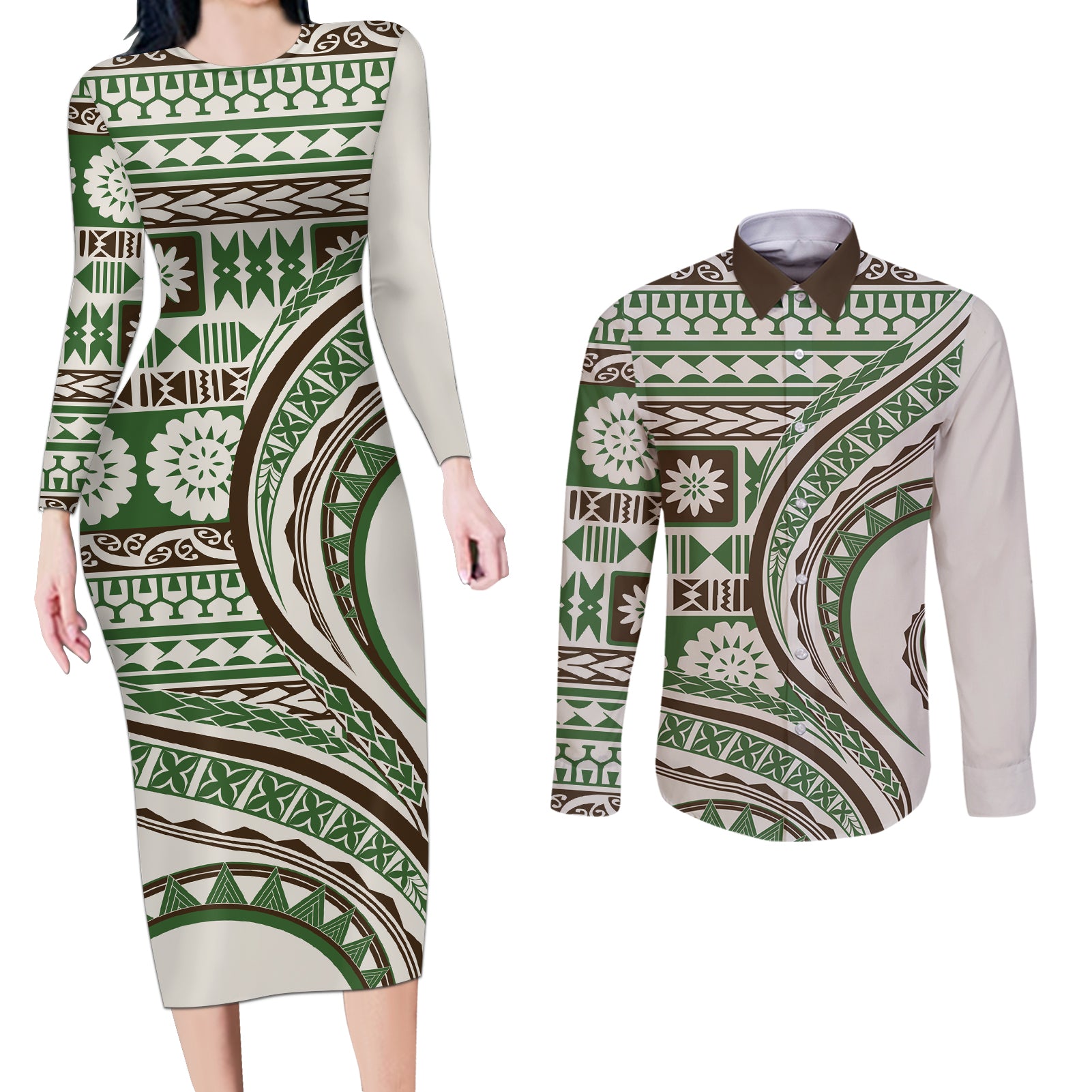 Hawaiian Hibiscus Tribal Vintage Motif Couples Matching Long Sleeve Bodycon Dress and Long Sleeve Button Shirt Ver 7