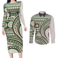 Hawaiian Hibiscus Tribal Vintage Motif Couples Matching Long Sleeve Bodycon Dress and Long Sleeve Button Shirt Ver 7 LT9 Green - Polynesian Pride