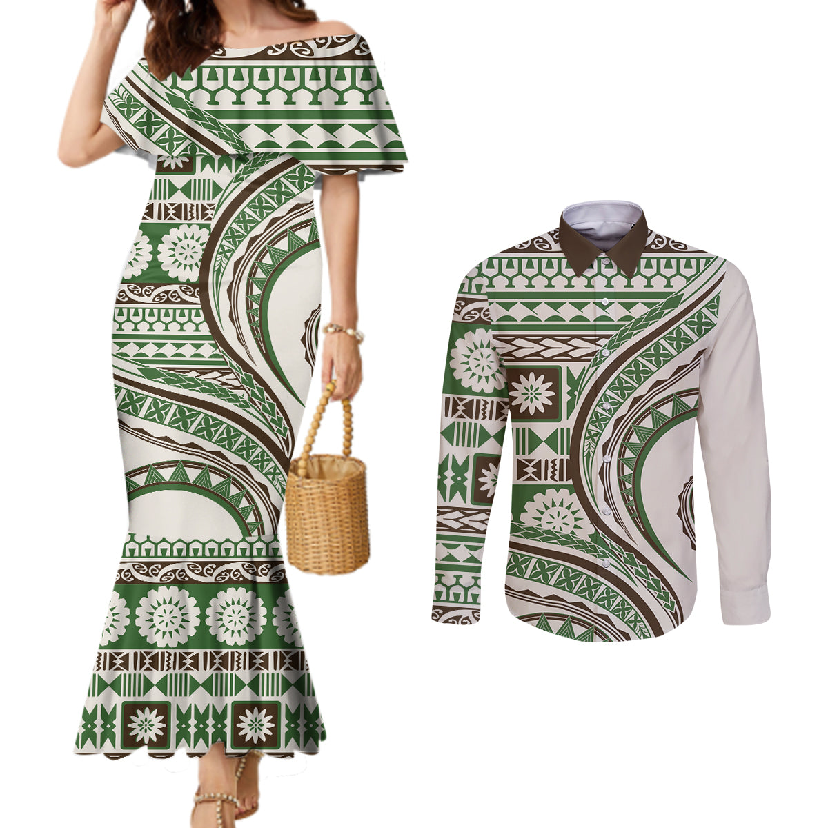 Hawaiian Hibiscus Tribal Vintage Motif Couples Matching Mermaid Dress and Long Sleeve Button Shirt Ver 7