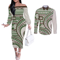 Hawaiian Hibiscus Tribal Vintage Motif Couples Matching Off The Shoulder Long Sleeve Dress and Long Sleeve Button Shirt Ver 7 LT9 Green - Polynesian Pride