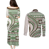 Hawaiian Hibiscus Tribal Vintage Motif Couples Matching Puletasi and Long Sleeve Button Shirt Ver 7