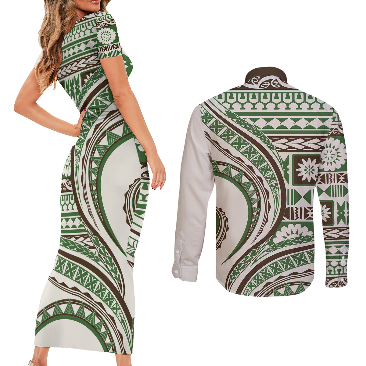 Hawaiian Hibiscus Tribal Vintage Motif Couples Matching Short Sleeve Bodycon Dress and Long Sleeve Button Shirt Ver 7 LT9 - Polynesian Pride