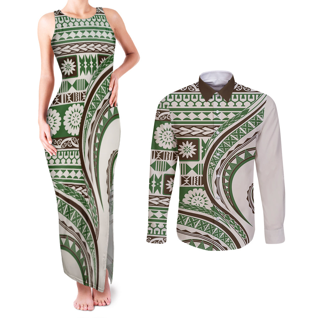 Hawaiian Hibiscus Tribal Vintage Motif Couples Matching Tank Maxi Dress and Long Sleeve Button Shirt Ver 7 LT9 Green - Polynesian Pride