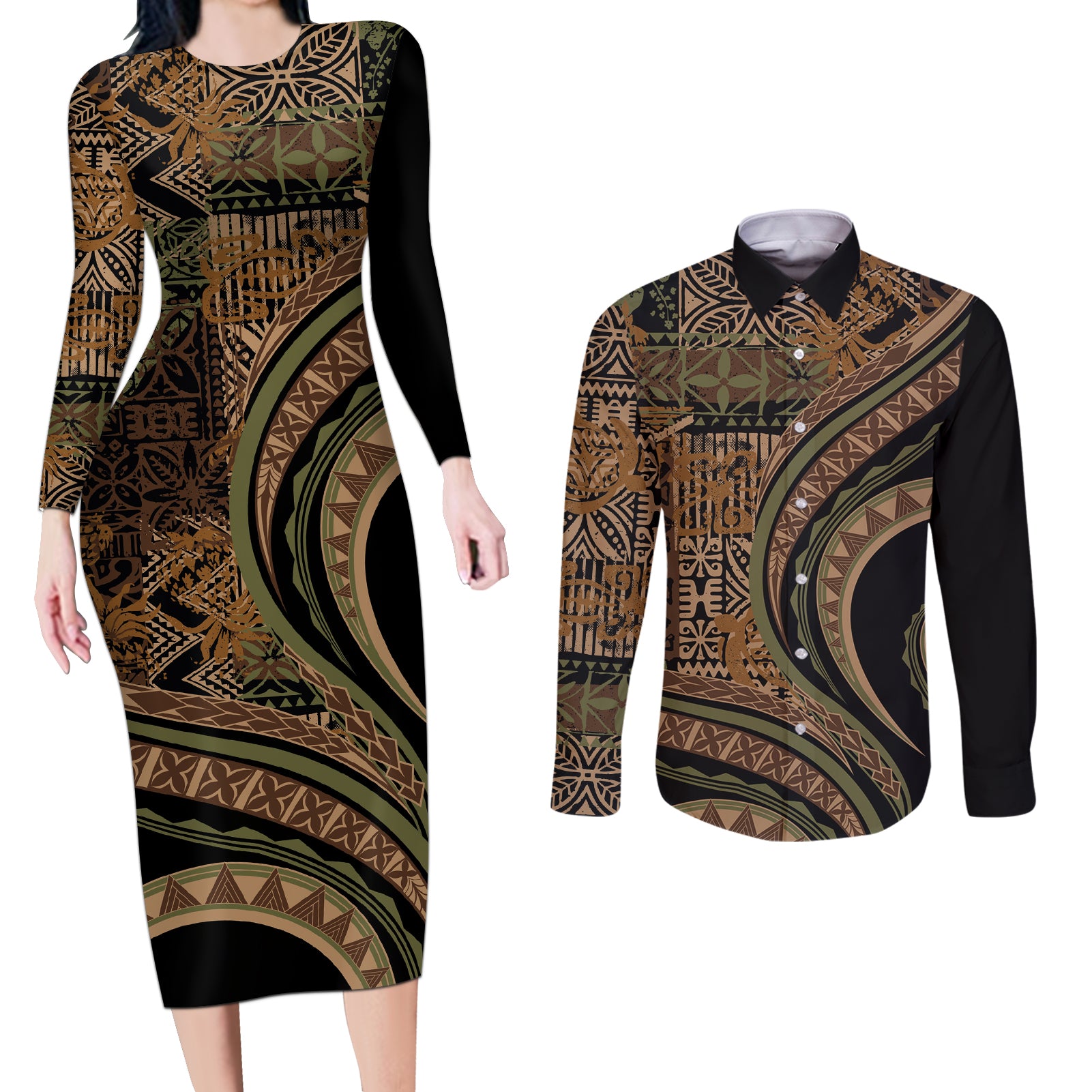 Hawaiian Hibiscus Tribal Vintage Motif Couples Matching Long Sleeve Bodycon Dress and Long Sleeve Button Shirt Ver 8