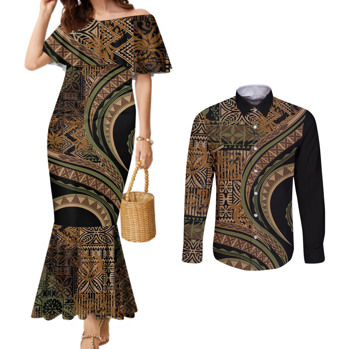 Hawaiian Hibiscus Tribal Vintage Motif Couples Matching Mermaid Dress and Long Sleeve Button Shirt Ver 8