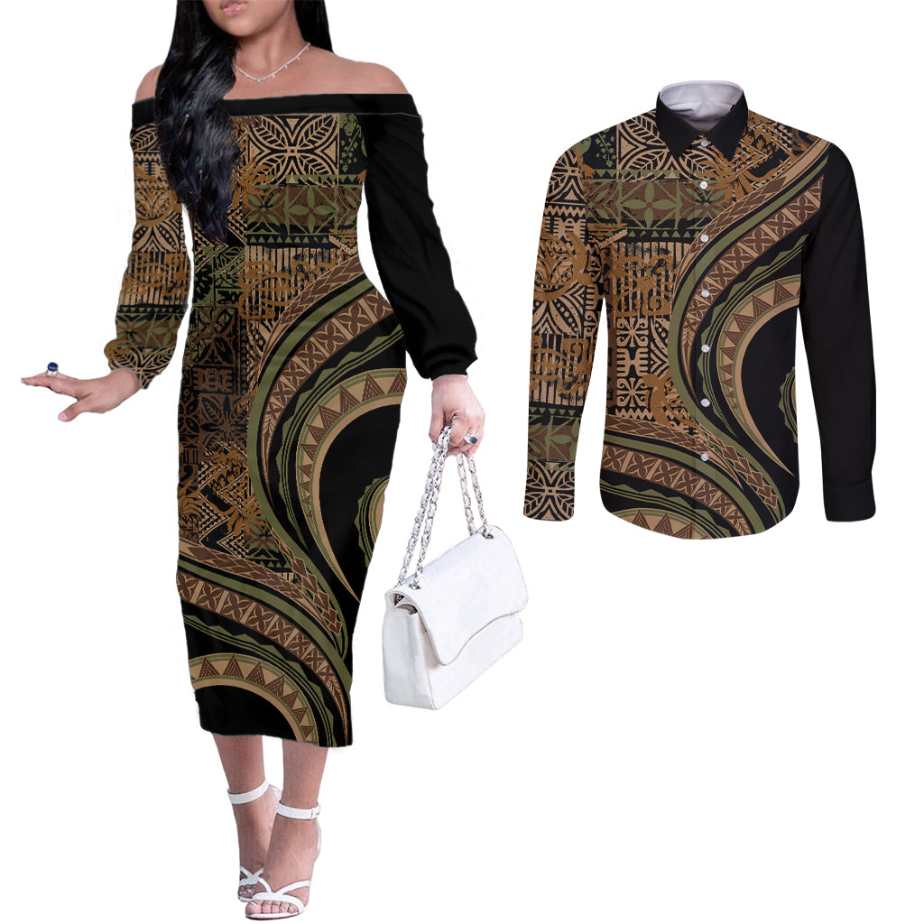 Hawaiian Hibiscus Tribal Vintage Motif Couples Matching Off The Shoulder Long Sleeve Dress and Long Sleeve Button Shirt Ver 8 LT9 Brown - Polynesian Pride