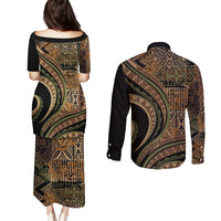 Hawaiian Hibiscus Tribal Vintage Motif Couples Matching Puletasi and Long Sleeve Button Shirt Ver 8