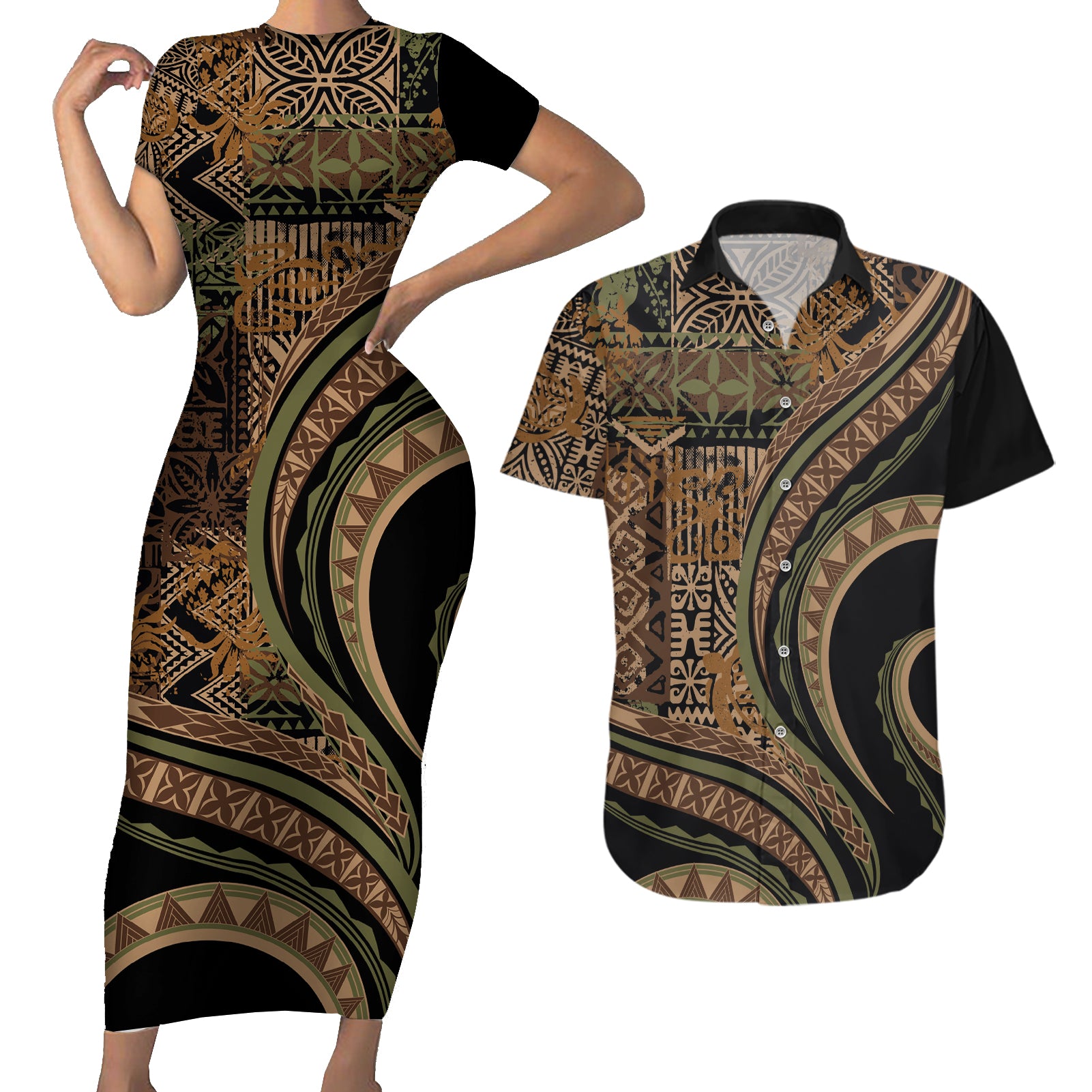 Hawaiian Hibiscus Tribal Vintage Motif Couples Matching Short Sleeve Bodycon Dress and Hawaiian Shirt Ver 8