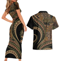 Hawaiian Hibiscus Tribal Vintage Motif Couples Matching Short Sleeve Bodycon Dress and Hawaiian Shirt Ver 8 LT9 - Polynesian Pride
