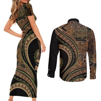 Hawaiian Hibiscus Tribal Vintage Motif Couples Matching Short Sleeve Bodycon Dress and Long Sleeve Button Shirt Ver 8 LT9 - Polynesian Pride