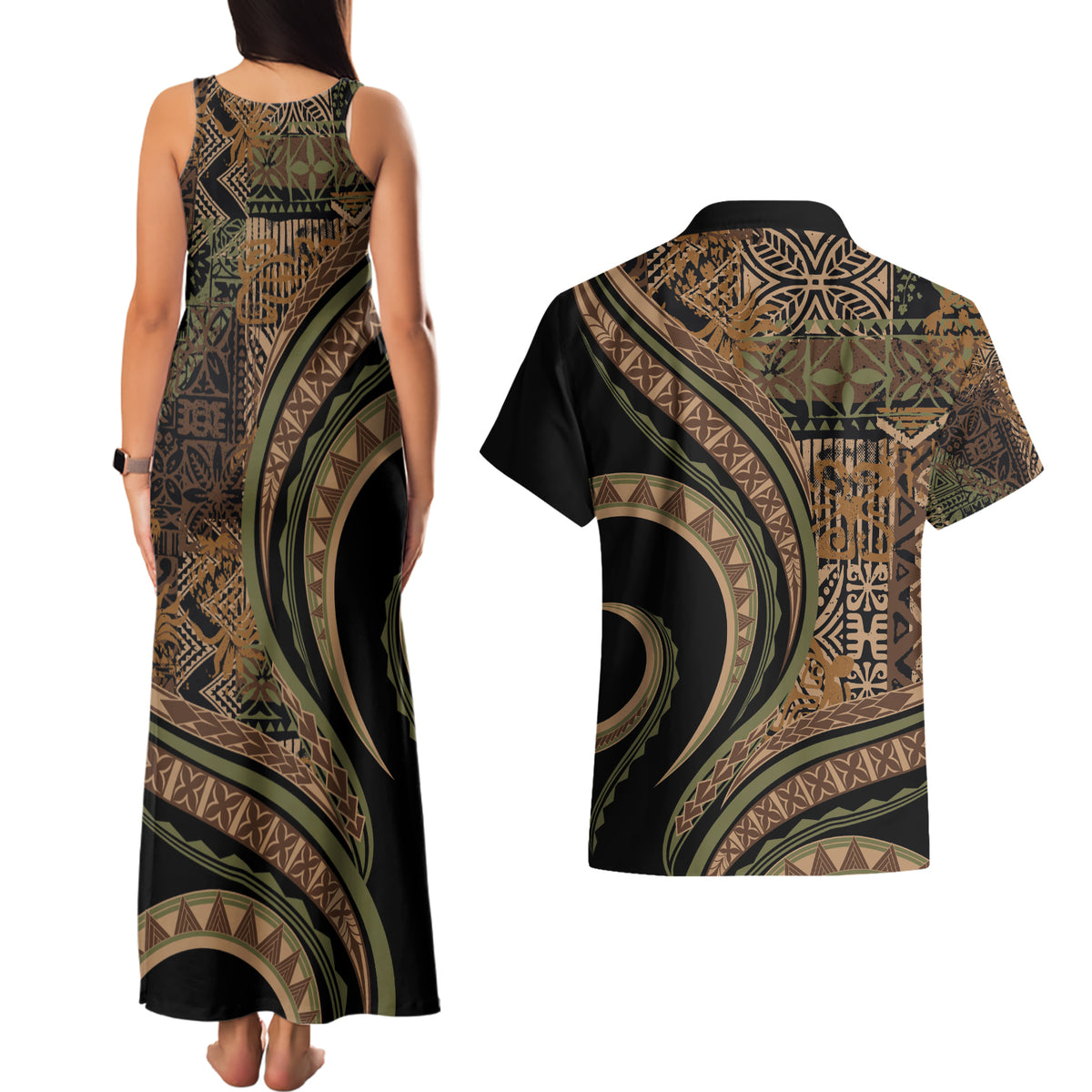 Hawaiian Hibiscus Tribal Vintage Motif Couples Matching Tank Maxi Dress and Hawaiian Shirt Ver 8 LT9 - Polynesian Pride