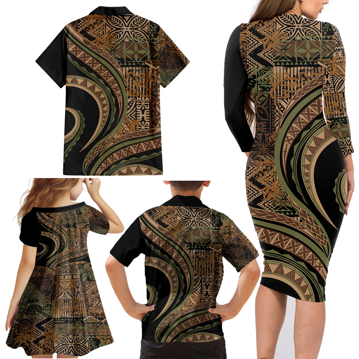 Hawaiian Hibiscus Tribal Vintage Motif Family Matching Long Sleeve Bodycon Dress and Hawaiian Shirt Ver 8