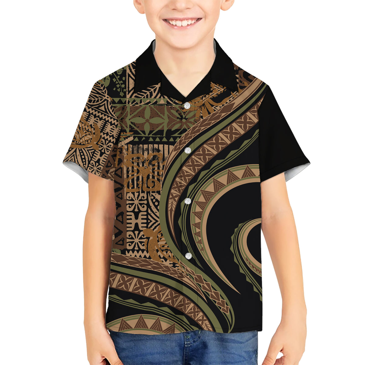 Hawaiian Hibiscus Tribal Vintage Motif Kid Hawaiian Shirt Ver 8 LT9 Kid Brown - Polynesian Pride