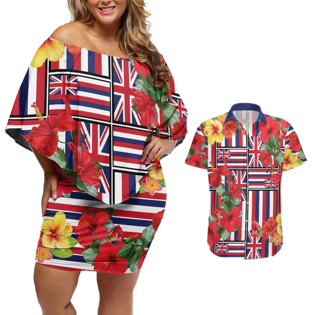 Hawaii Hibiscus Lei Couples Matching Off Shoulder Short Dress and Hawaiian Shirt Hawaiian Flag Motif