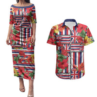 Hawaii Hibiscus Lei Couples Matching Puletasi and Hawaiian Shirt Hawaiian Flag Motif LT9 Red - Polynesian Pride