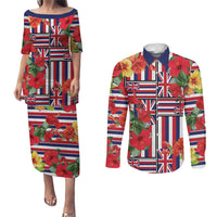 Hawaii Hibiscus Lei Couples Matching Puletasi and Long Sleeve Button Shirt Hawaiian Flag Motif
