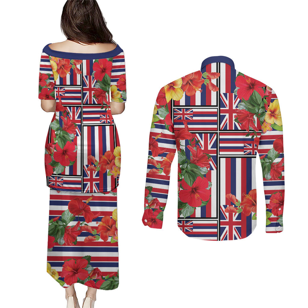 Hawaii Hibiscus Lei Couples Matching Puletasi and Long Sleeve Button Shirt Hawaiian Flag Motif