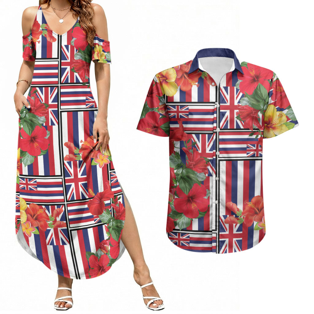 Hawaii Hibiscus Lei Couples Matching Summer Maxi Dress and Hawaiian Shirt Hawaiian Flag Motif LT9 Red - Polynesian Pride