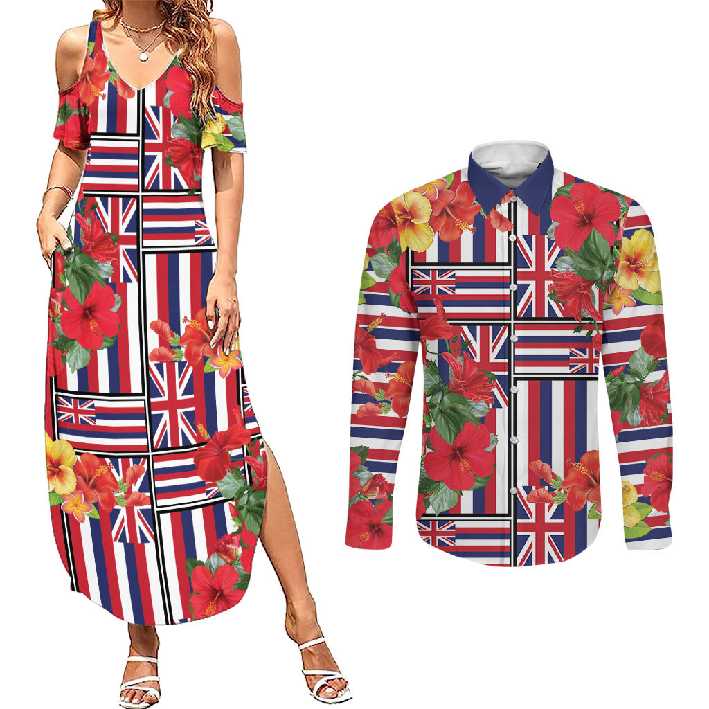 Hawaii Hibiscus Lei Couples Matching Summer Maxi Dress and Long Sleeve Button Shirt Hawaiian Flag Motif