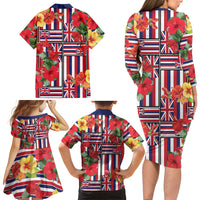 Hawaii Hibiscus Lei Family Matching Long Sleeve Bodycon Dress and Hawaiian Shirt Hawaiian Flag Motif LT9 - Polynesian Pride