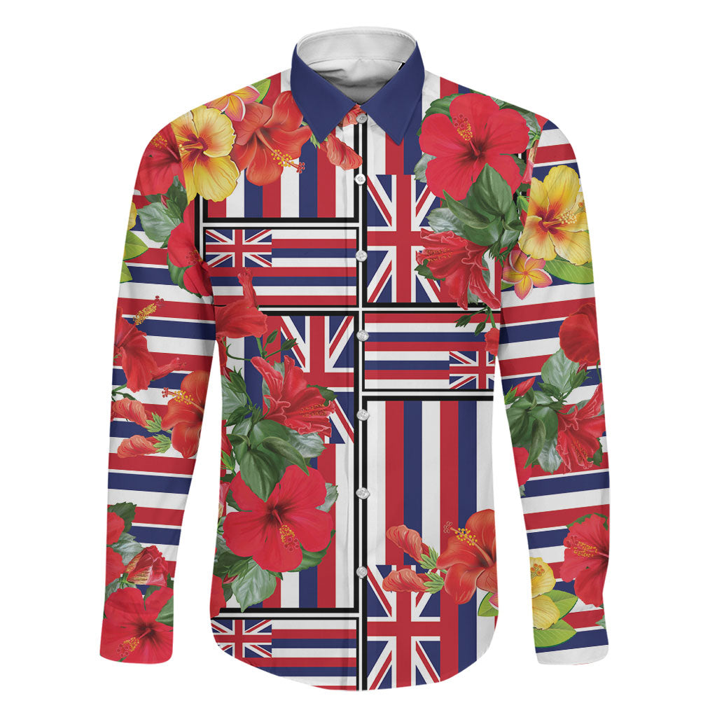 Hawaii Hibiscus Lei Family Matching Mermaid Dress and Hawaiian Shirt Hawaiian Flag Motif LT9 Dad's Shirt - Long Sleeve Red - Polynesian Pride