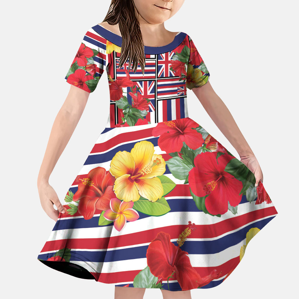 Hawaii Hibiscus Lei Family Matching Off The Shoulder Long Sleeve Dress and Hawaiian Shirt Hawaiian Flag Motif LT9 Daughter's Dress Red - Polynesian Pride