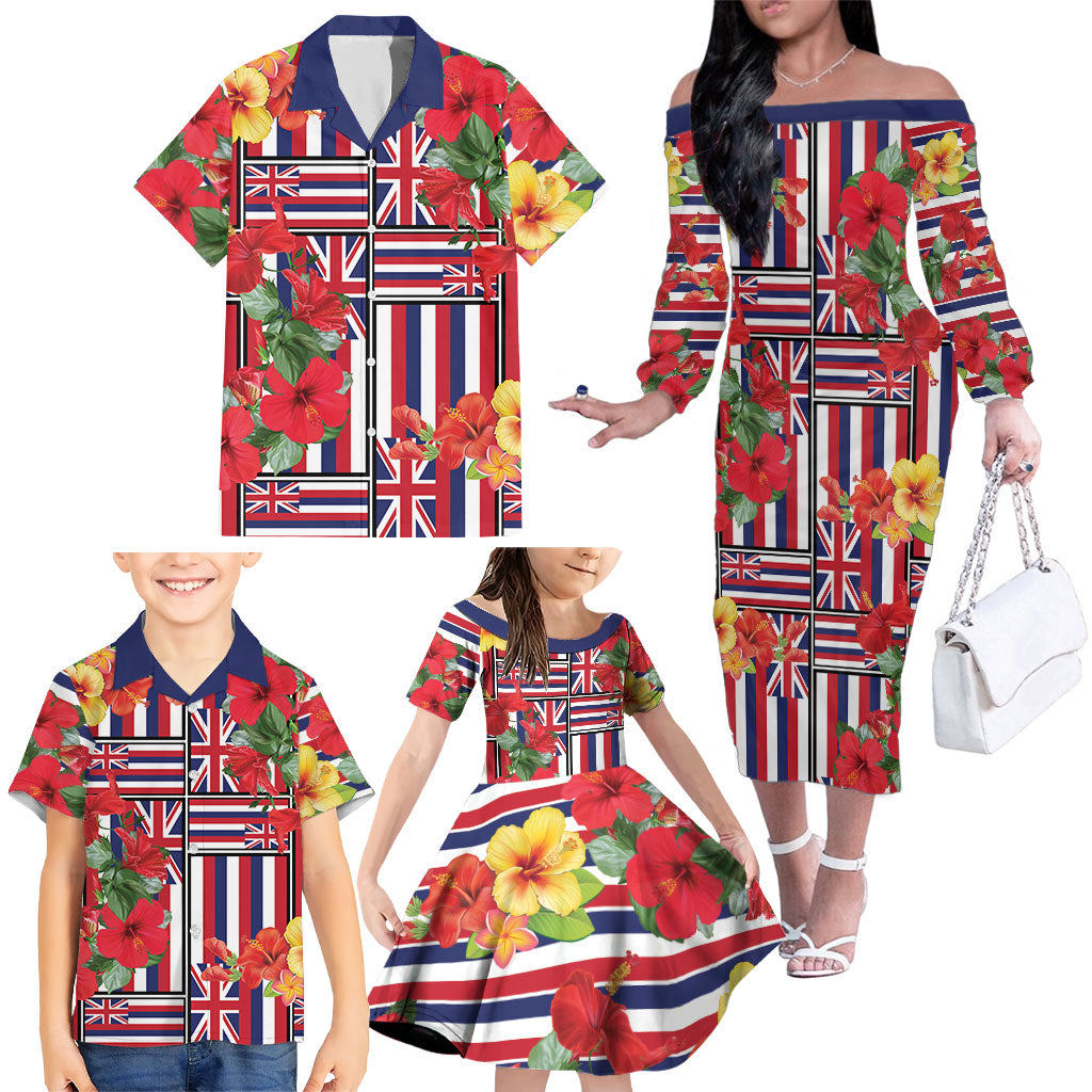 Hawaii Hibiscus Lei Family Matching Off The Shoulder Long Sleeve Dress and Hawaiian Shirt Hawaiian Flag Motif LT9 - Polynesian Pride