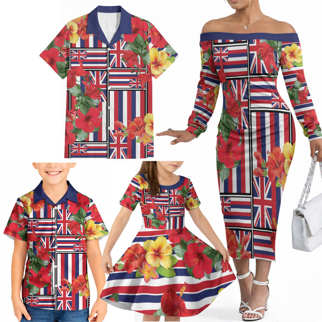 Hawaii Hibiscus Lei Family Matching Off The Shoulder Long Sleeve Dress and Hawaiian Shirt Hawaiian Flag Motif LT9 - Polynesian Pride
