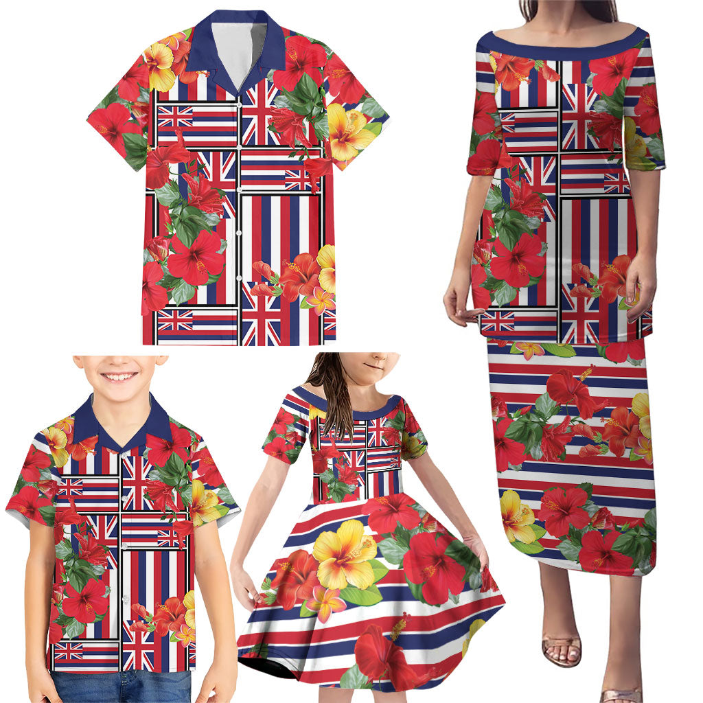Hawaii Hibiscus Lei Family Matching Puletasi and Hawaiian Shirt Hawaiian Flag Motif LT9 - Polynesian Pride