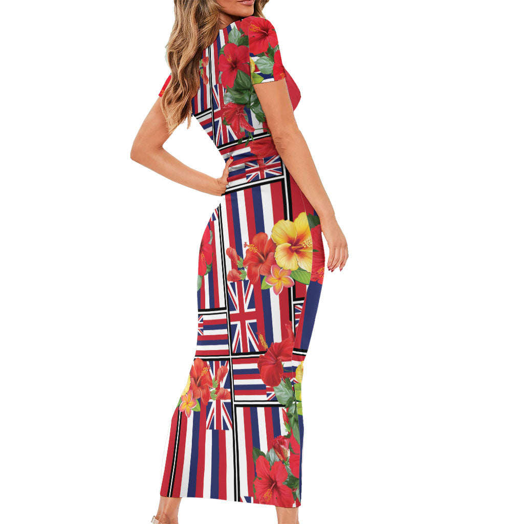 Hawaii Hibiscus Lei Family Matching Short Sleeve Bodycon Dress and Hawaiian Shirt Hawaiian Flag Motif LT9 - Polynesian Pride