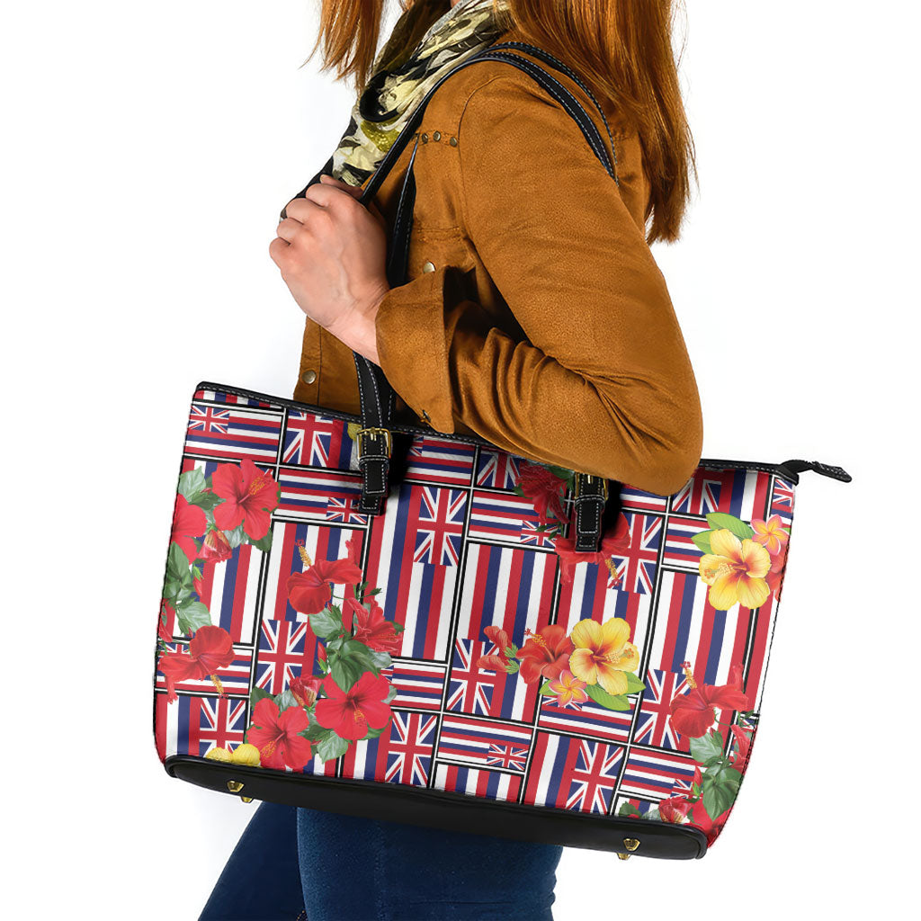 Hawaii Hibiscus Lei Leather Tote Bag Hawaiian Flag Motif