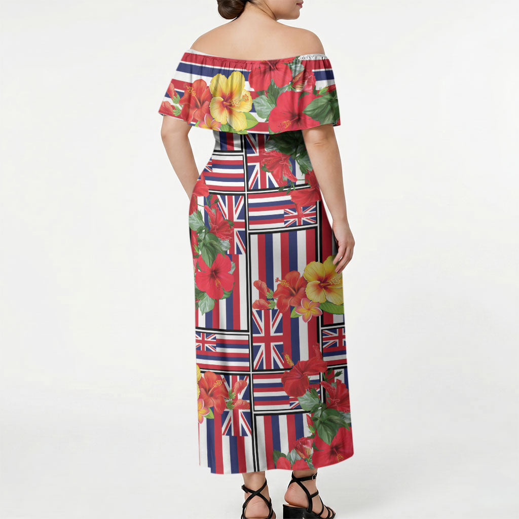 Hawaii Hibiscus Lei Off Shoulder Maxi Dress Hawaiian Flag Motif LT9 - Polynesian Pride