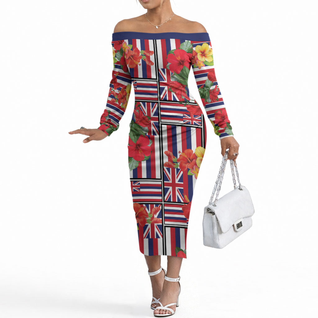Hawaii Hibiscus Lei Off The Shoulder Long Sleeve Dress Hawaiian Flag Motif LT9 Women Red - Polynesian Pride