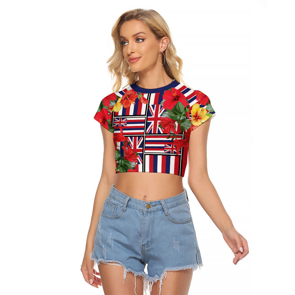 Hawaii Hibiscus Lei Raglan Cropped T Shirt Hawaiian Flag Motif LT9 Female Red - Polynesian Pride