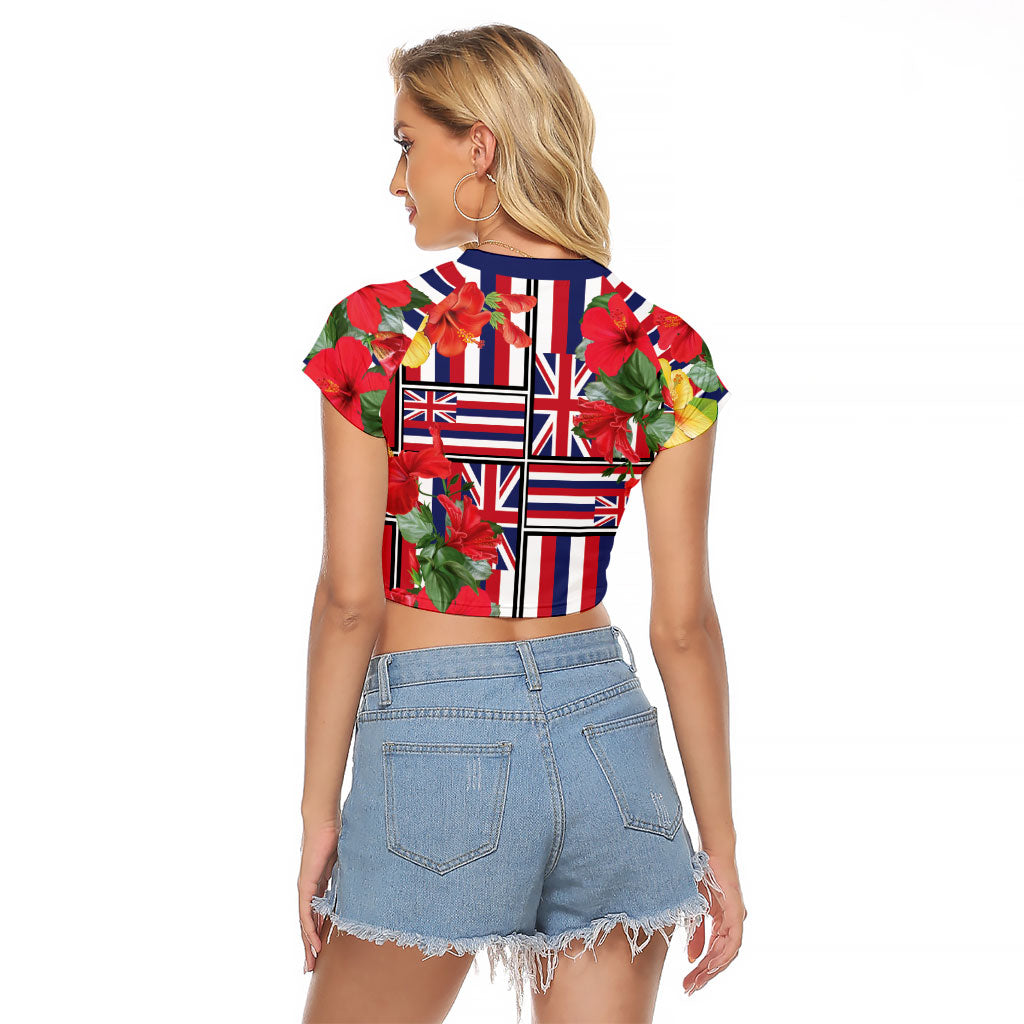 Hawaii Hibiscus Lei Raglan Cropped T Shirt Hawaiian Flag Motif LT9 - Polynesian Pride