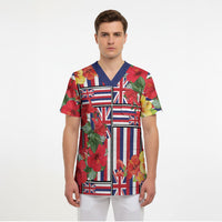 Hawaii Hibiscus Lei Scrub Top Hawaiian Flag Motif