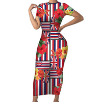Hawaii Hibiscus Lei Short Sleeve Bodycon Dress Hawaiian Flag Motif