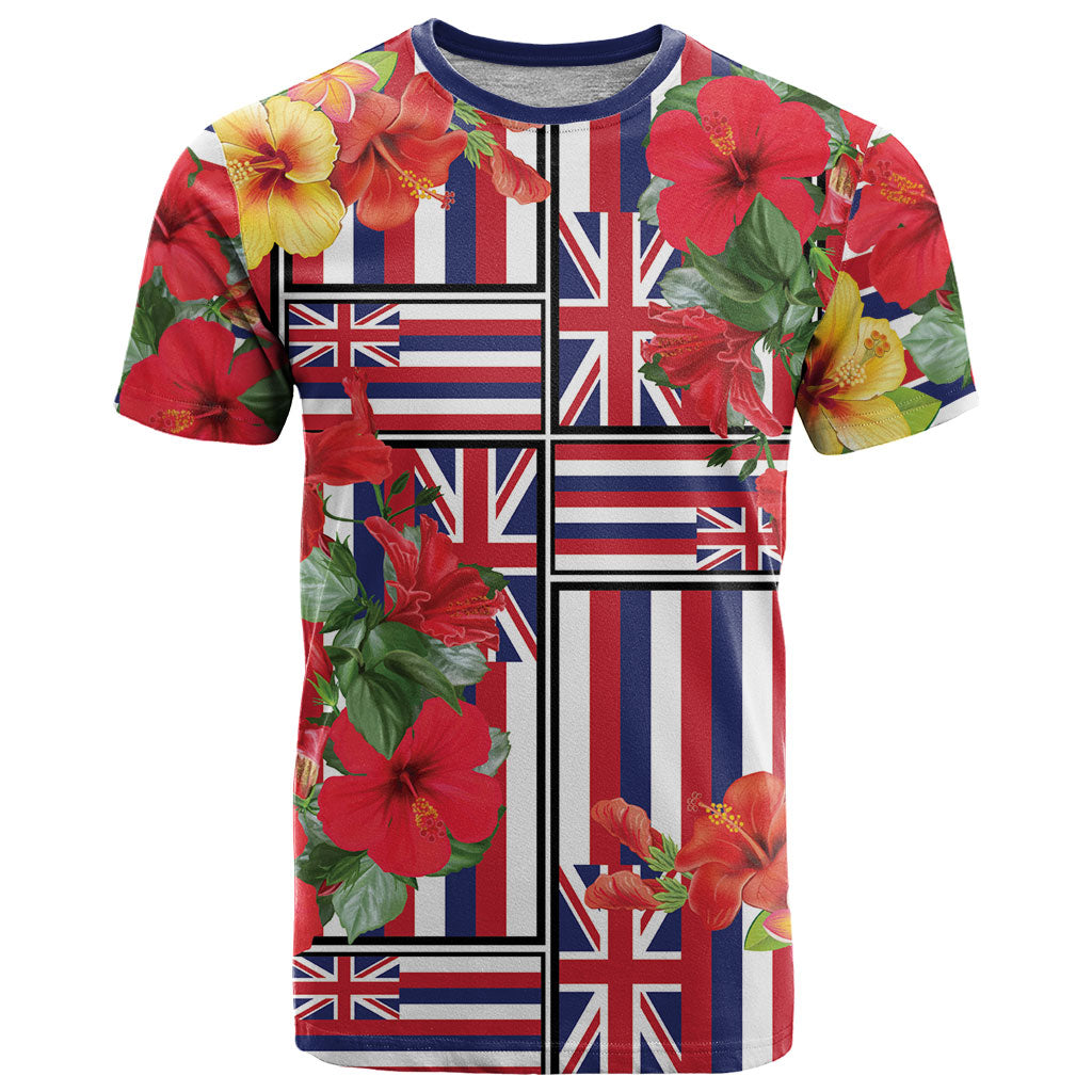 Hawaii Hibiscus Lei T Shirt Hawaiian Flag Motif LT9 Red - Polynesian Pride
