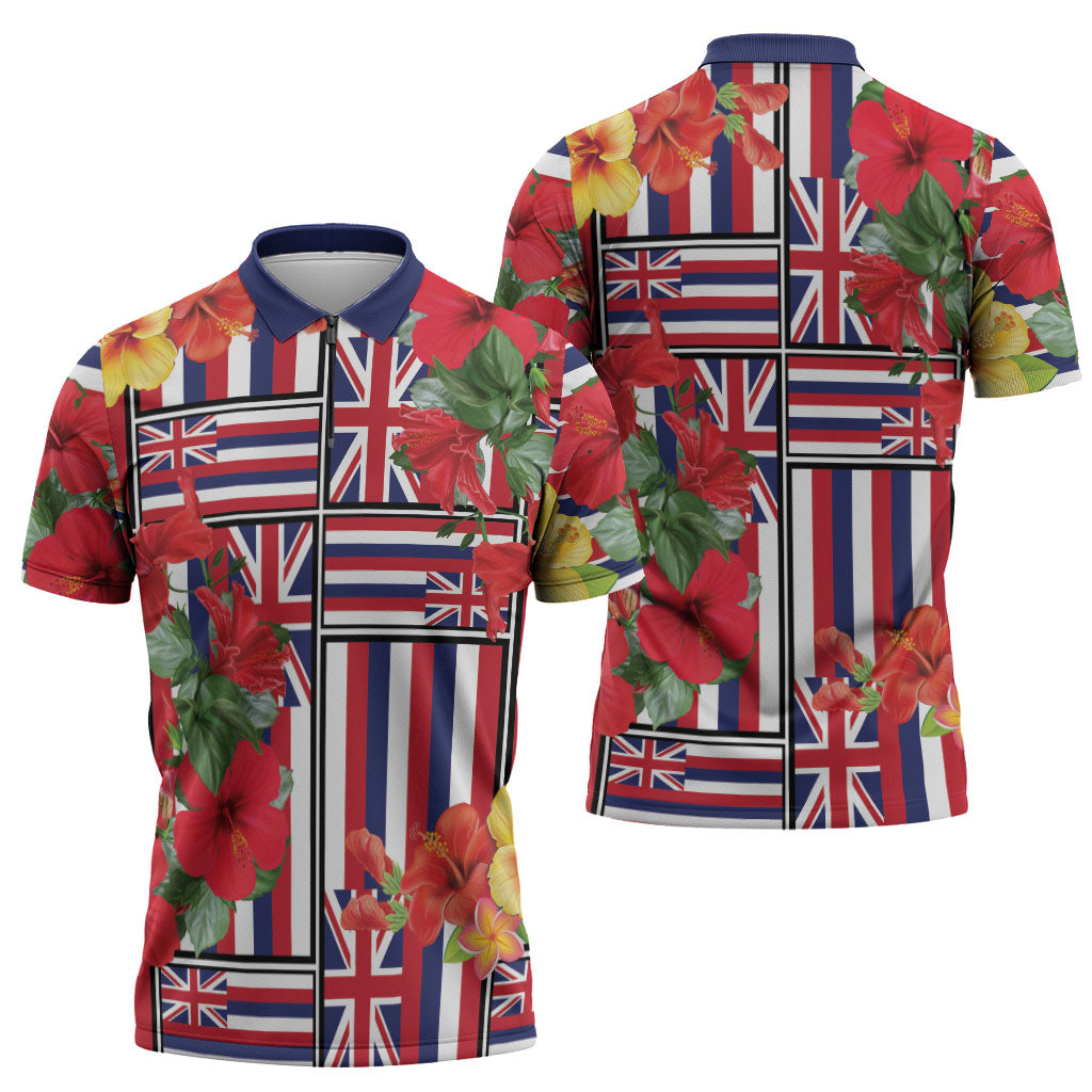 Hawaii Hibiscus Lei Zipper Polo Shirt Hawaiian Flag Motif