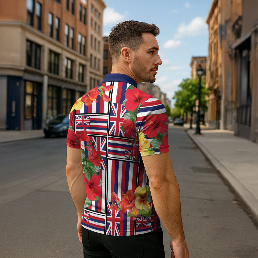 Hawaii Hibiscus Lei Zipper Polo Shirt Hawaiian Flag Motif