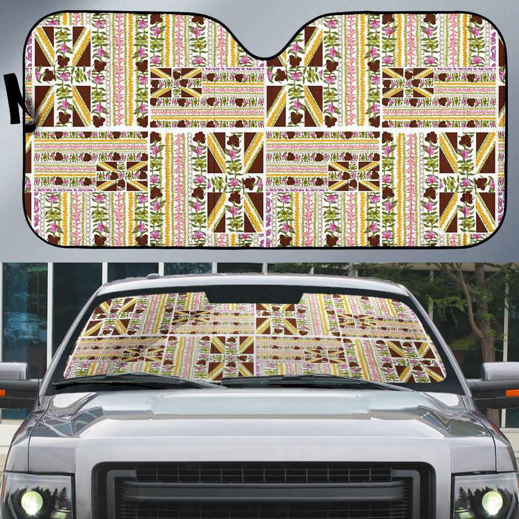 Hawaii Lokelani Pikake Lei Auto Sun Shade Hawaiian Flag Motif