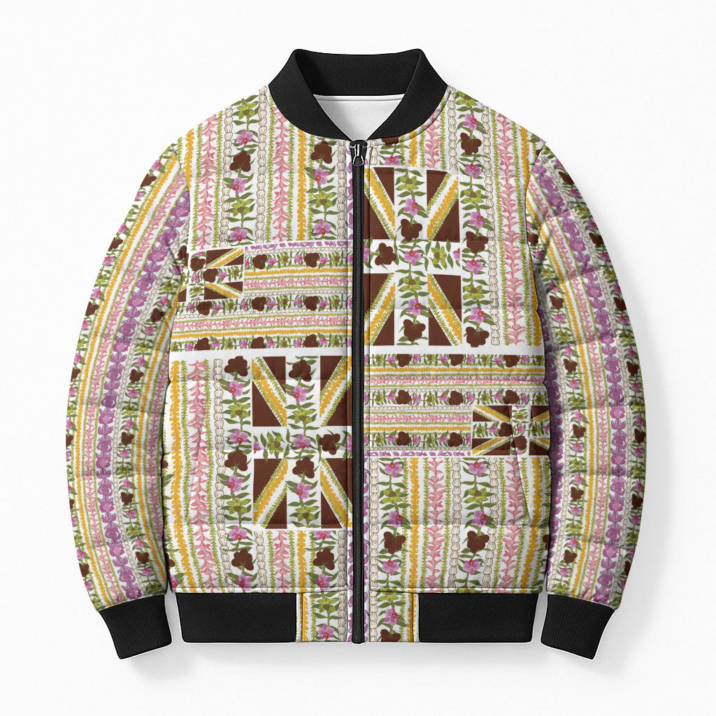 Hawaii Lokelani Pikake Lei Bomber Puffer Jacket Hawaiian Flag Motif LT9 Unisex White - Polynesian Pride