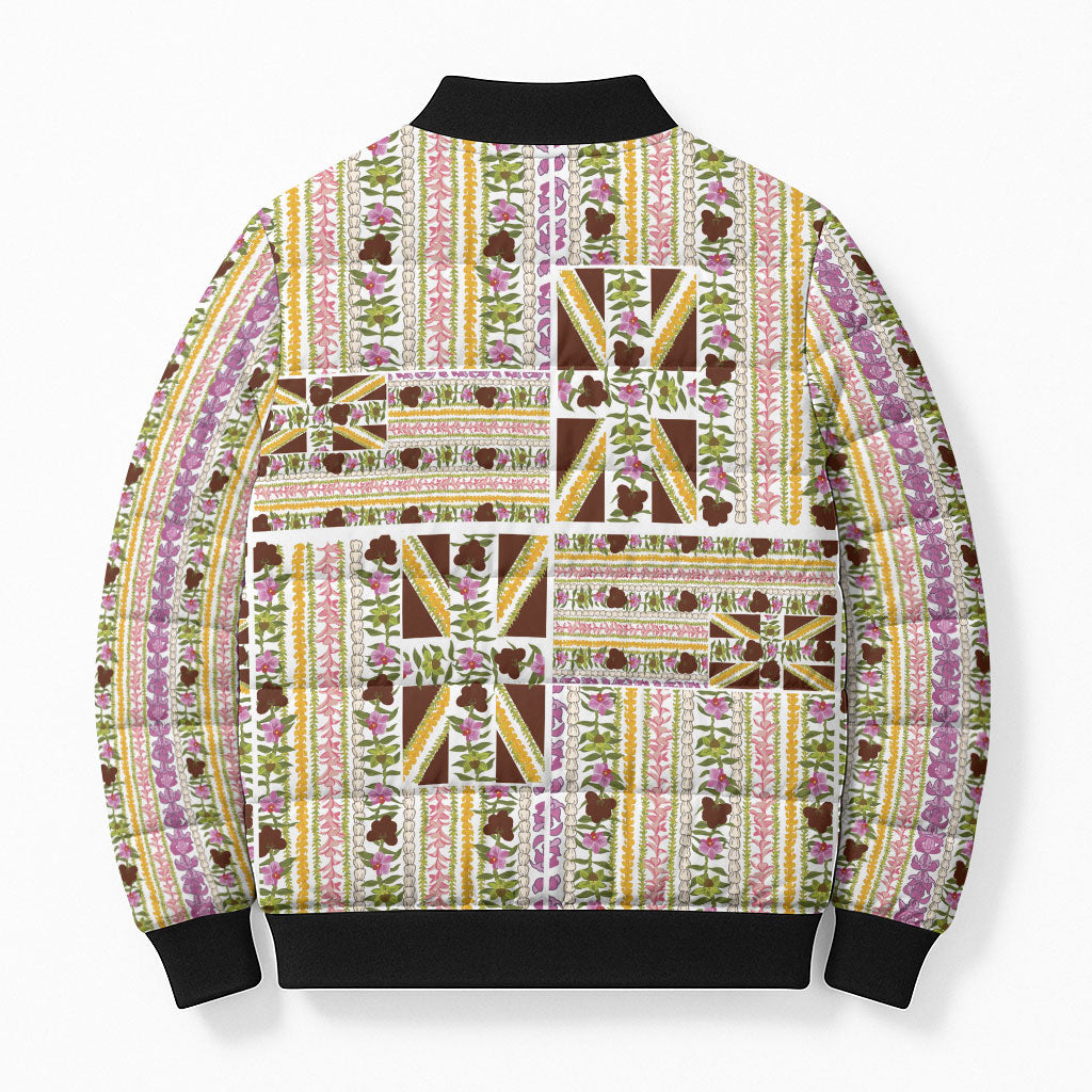 Hawaii Lokelani Pikake Lei Bomber Puffer Jacket Hawaiian Flag Motif
