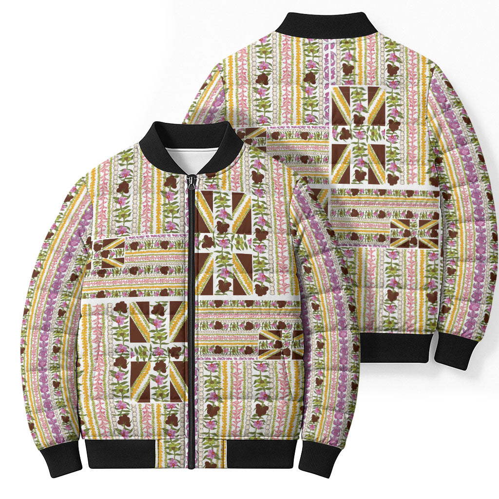 Hawaii Lokelani Pikake Lei Bomber Puffer Jacket Hawaiian Flag Motif