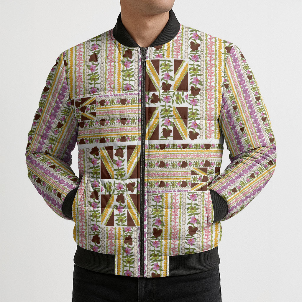 Hawaii Lokelani Pikake Lei Bomber Puffer Jacket Hawaiian Flag Motif