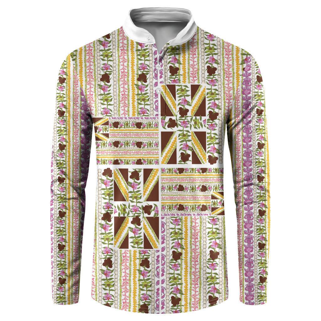 Hawaii Lokelani Pikake Lei Button Sweatshirt Hawaiian Flag Motif