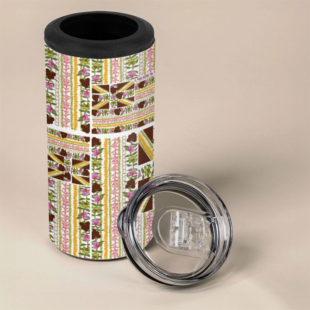 Hawaii Lokelani Pikake Lei 4 in 1 Can Cooler Tumbler Hawaiian Flag Motif